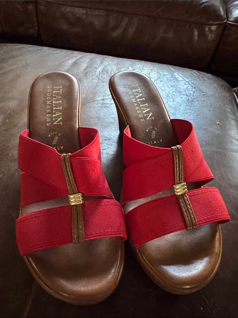 Italian Shoemakers Red Slide Sandals with Gold Accent